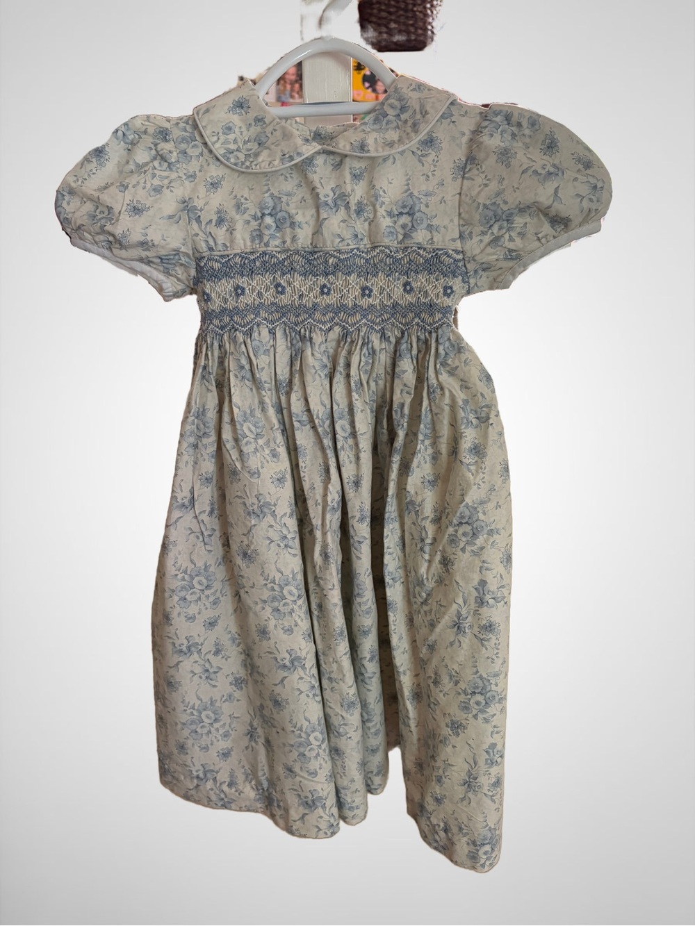 Rare Editions Smocked Floral Dress in Blue and Cream